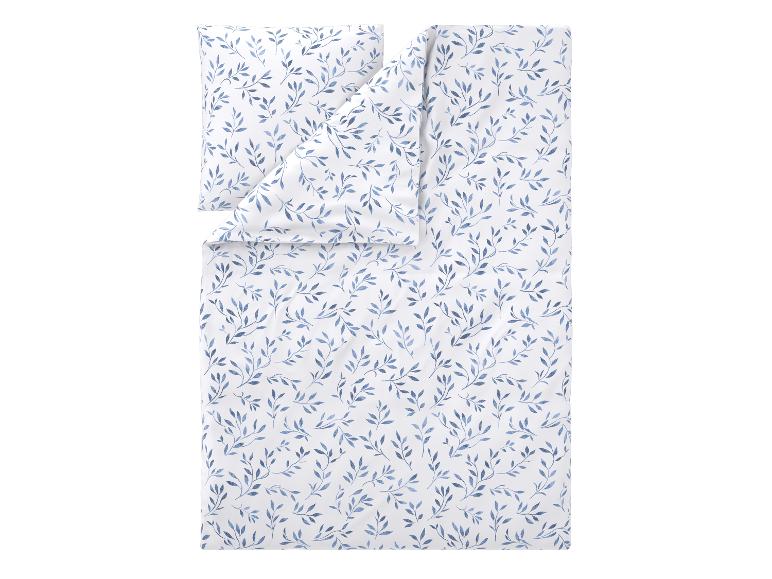 Parure de lit blanche à motif de feuilles bleues, comprenant une housse de couette et une taie d'oreiller.