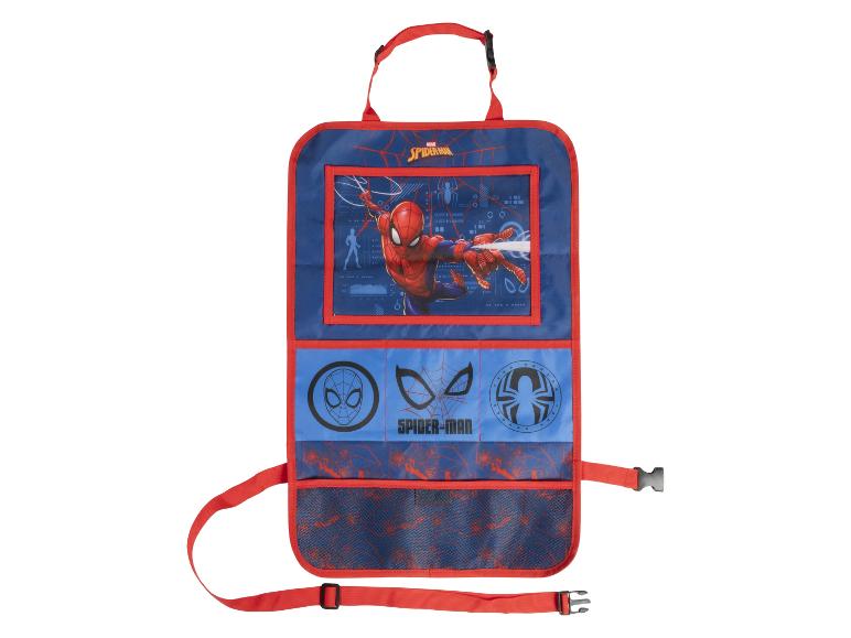 Un organisateur de siège auto Spider-Man avec des poches et une sangle rouge.