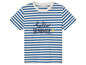 T-shirt à rayures bleues et blanches avec le texte 'Hello Summer'