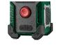 Radio portable vert avec contrôle du volume, port USB et haut-parleur.