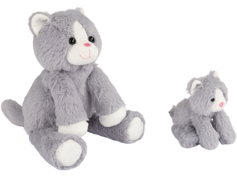 Deux chats en peluche gris de tailles différentes.