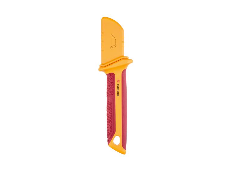 Un couteau Parkside jaune et rouge pour le travail.