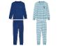 Pyjamas enfant : modèle bleu uni et modèle rayé bleu clair avec ours.