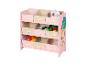 Étagère de rangement rose pour enfants avec bacs en tissu et jouets.