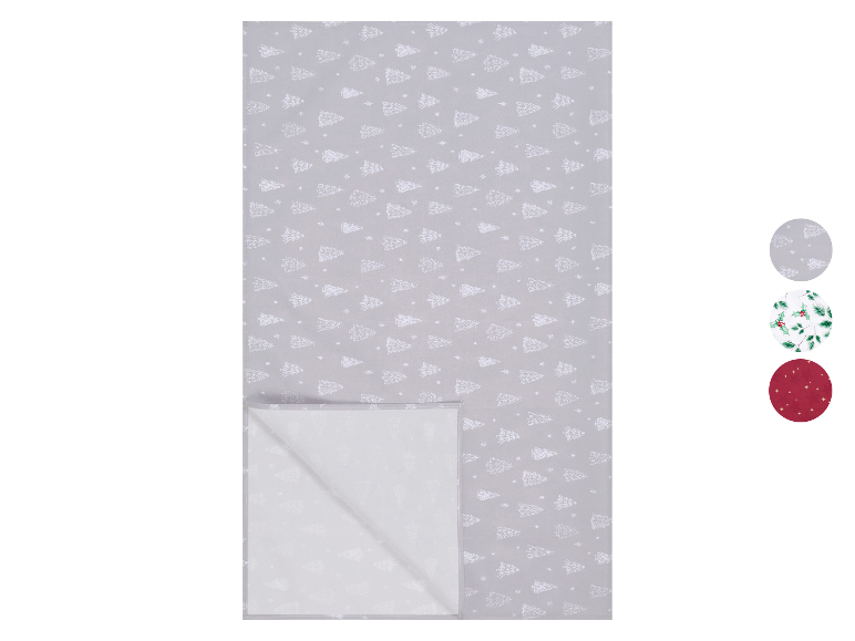 Nappe grise à motif de sapins de Noël blancs, avec deux autres options de motifs présentées.