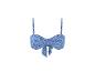 Haut de bikini bleu à imprimé floral avec nœud sur le devant et bretelles réglables.