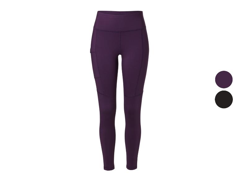 Legging de sport violet pour femme avec poches latérales, avec options de couleur violet et noir.