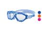 Lunettes de natation bleues avec verres transparents et trois options de couleur.
