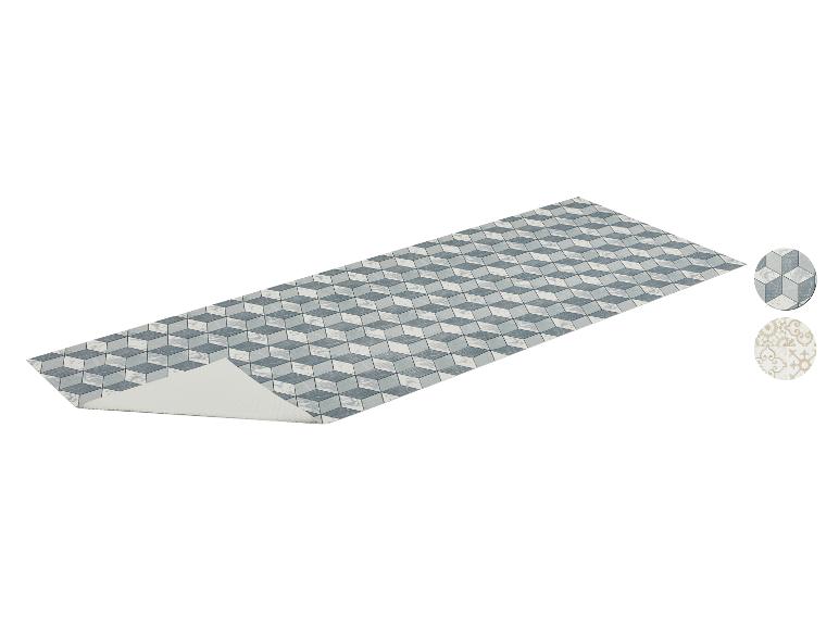 Tapis de sol avec motif de cubes 3D dans les tons bleus et gris, avec échantillons de motifs