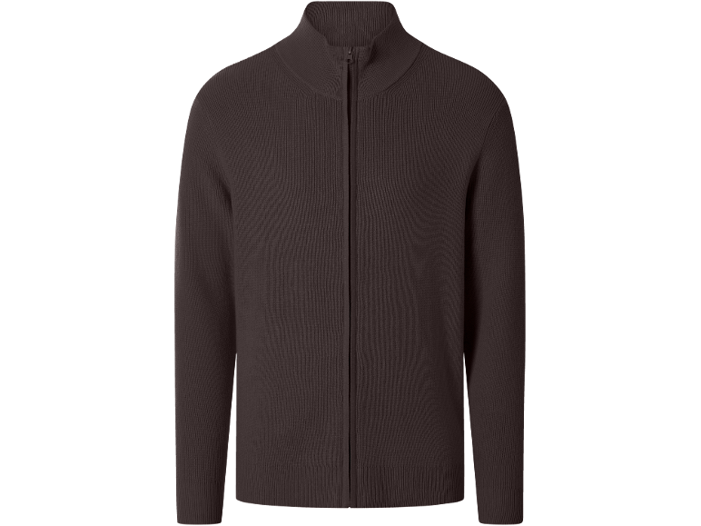 Gilet en maille pour homme marron foncé avec fermeture éclair et col montant.