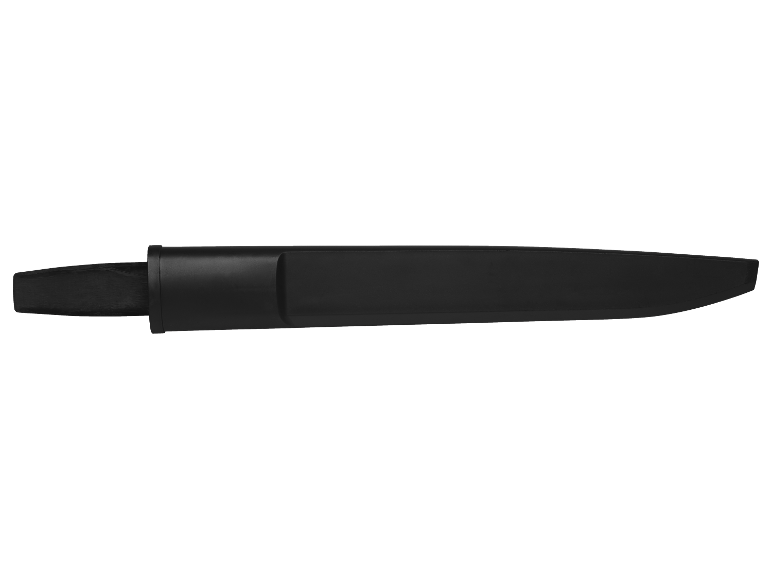 Un couteau Mora noir dans un étui noir.