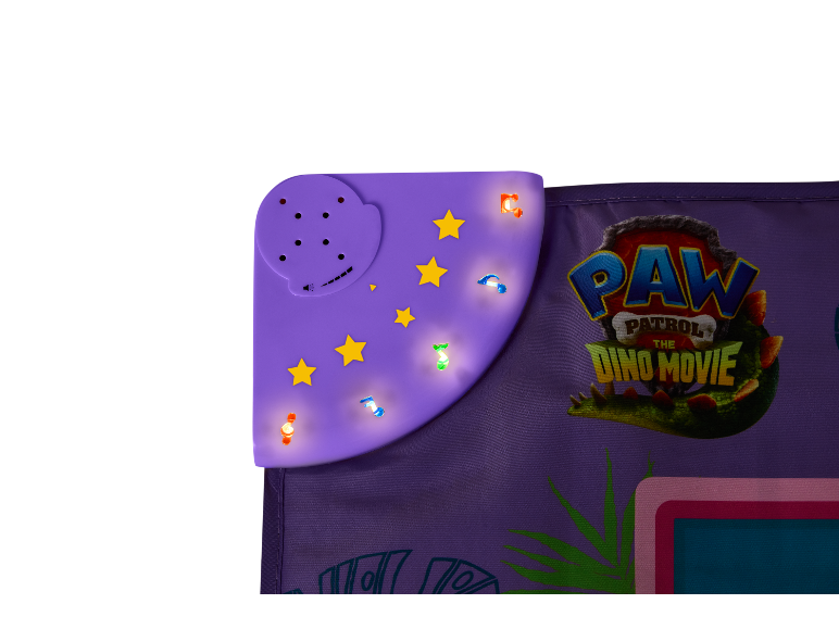 Jouet pour enfants violet avec étoiles lumineuses et notes de musique, sur le thème des dinosaures.