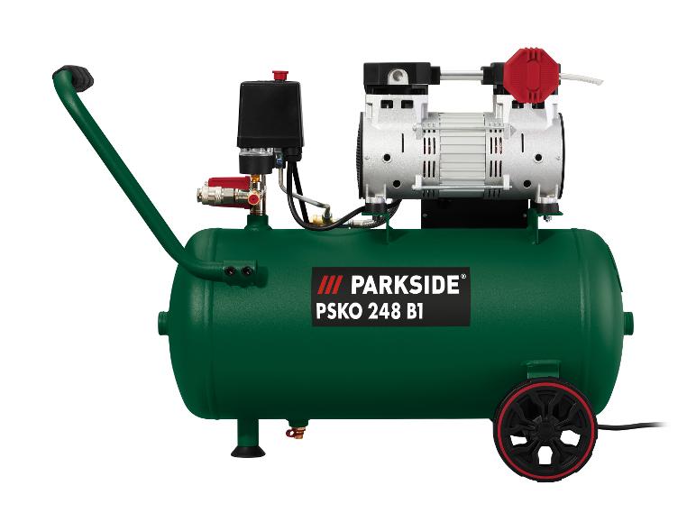 Compresseur vert Parkside PSKO 248 B1 avec roues noires et poignée.