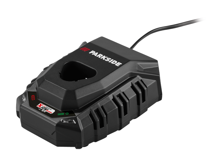 Chargeur de batterie noir pour outils électriques avec logo X12V Team et indicateurs lumineux.