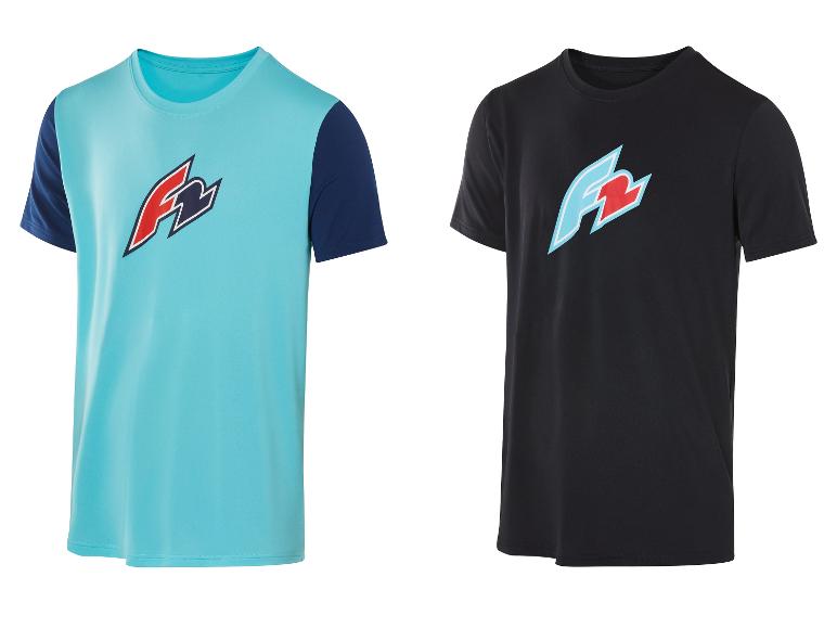 Deux t-shirts F2, l'un turquoise et l'autre noir.