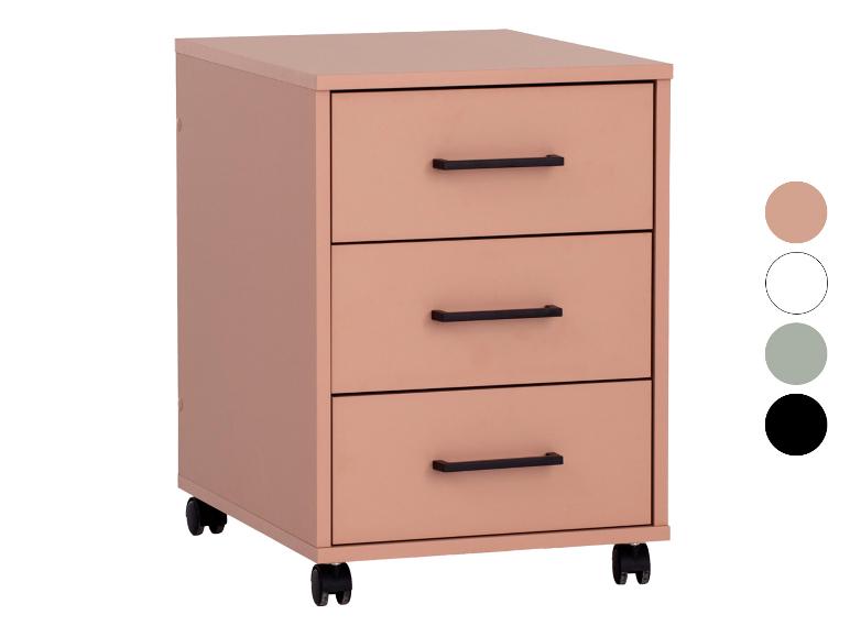 Caisson de rangement à roulettes avec trois tiroirs couleur pêche, poignées et roulettes noires.