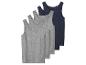 Lot de cinq débardeurs, trois gris et deux bleu foncé.