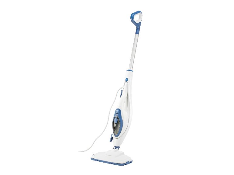 Balai vapeur blanc et bleu avec long manche et cordon.