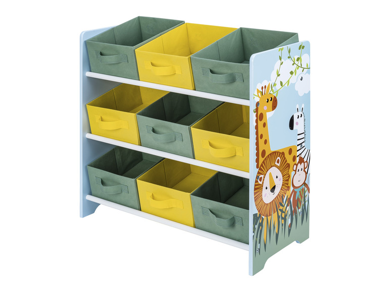 Une étagère de rangement en bois avec des animaux de la jungle et des paniers de rangement verts et jaunes.