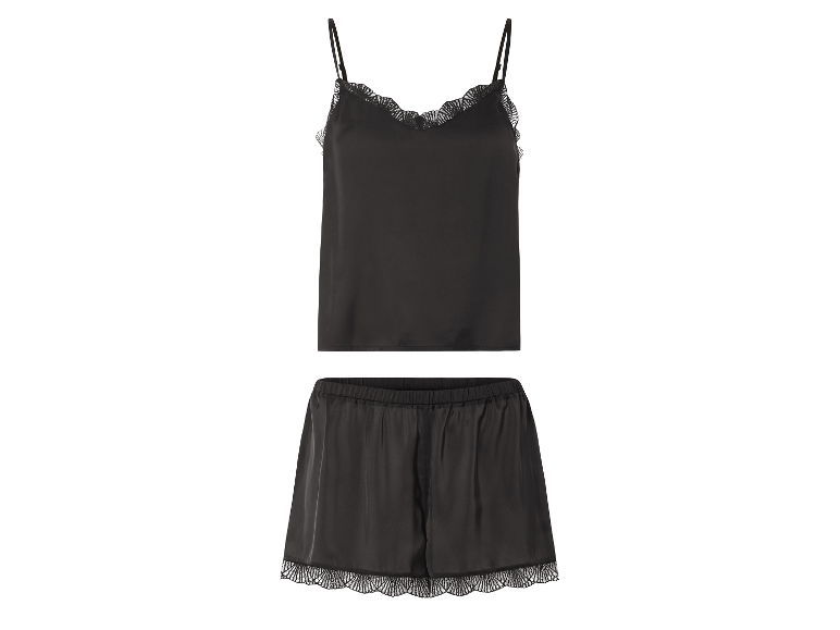 Ensemble pyjama satin noir avec dentelle.
