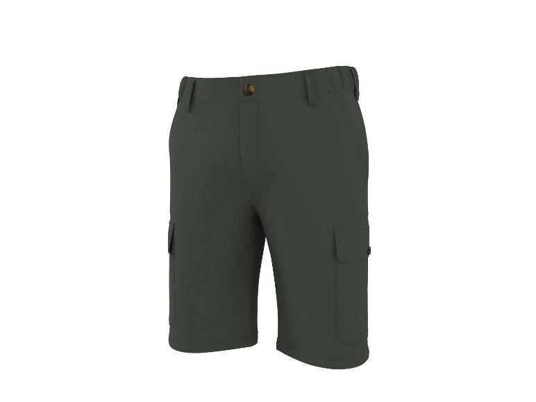 Shorts cargo vert foncé avec poches latérales et bouton marron.
