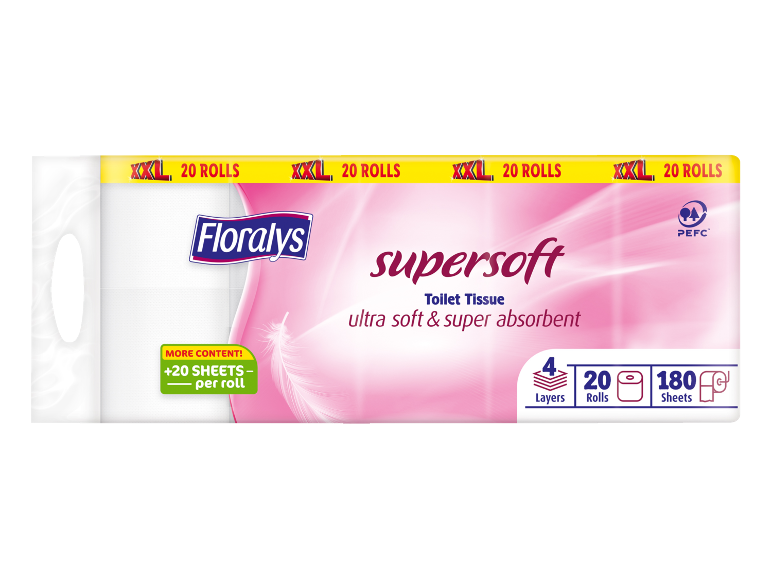 Paquet de papier toilette supersoft avec 20 rouleaux, 4 épaisseurs et 180 feuilles par rouleau.