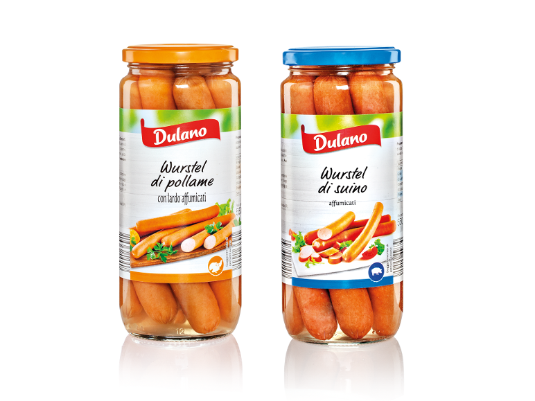 Deux bocaux de saucisses fumées, un de volaille au lard et un de porc.