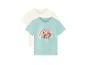 Deux t-shirts pour enfants, un crème et un bleu clair avec un imprimé de Skye de la Pat' Patrouille.