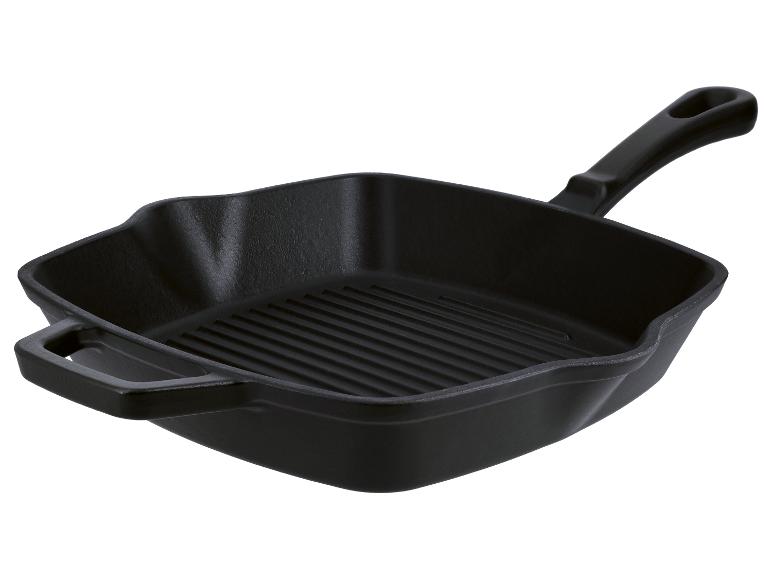 Poêle à griller carrée en fonte noire avec fond nervuré et deux poignées