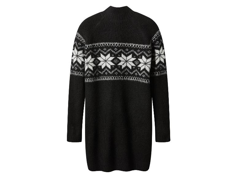 Robe pull noire avec des motifs blancs de flocons de neige et géométriques.