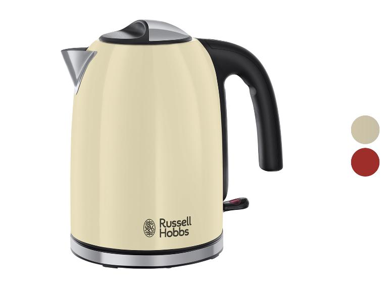 Une bouilloire Russell Hobbs de couleur crème avec une poignée noire.
