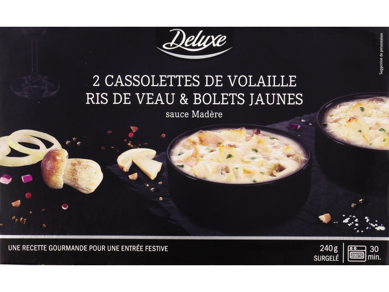 Cassolettes surgelées de volaille et ris de veau aux bolets jaunes et sauce Madère.