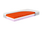 Une coupe transversale d'un matelas avec une couche de mousse orange, une couche blanche et une couche violette.