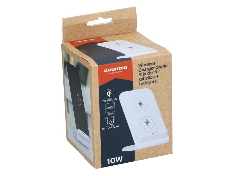 Boîte Grundig pour un support de chargeur sans fil 10W avec technologie Qi et USB-C.