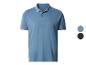 Polo bleu à manches courtes avec rayures blanches sur le col et les manches, avec options de couleur.