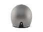 Un casque de moto gris argenté, vu de l'arrière.