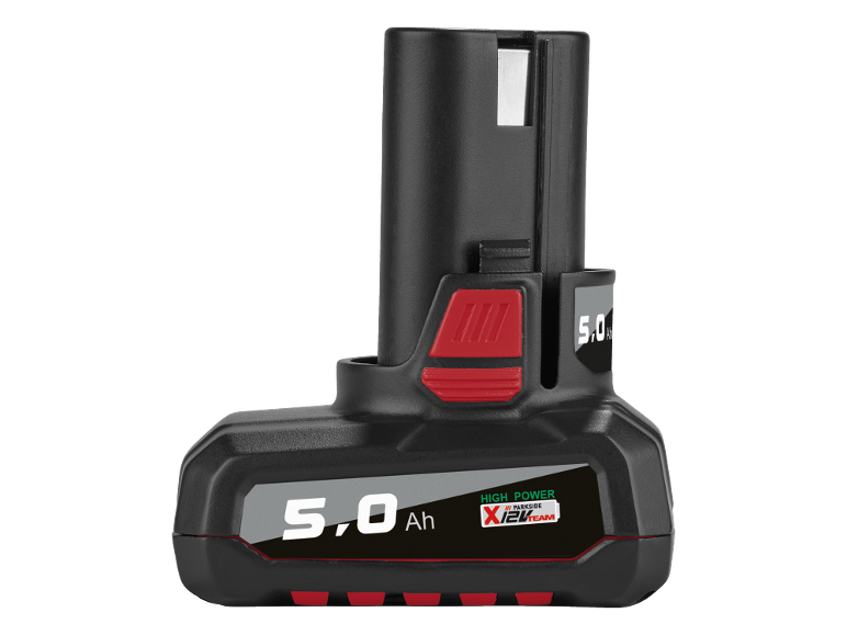 Batterie d'outil électrique noire de 5,0 Ah avec des accents rouges et l'inscription 'HIGH POWER X12V TEAM'.