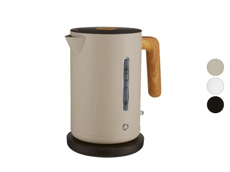 Bouilloire beige avec poignée effet bois et base noire, avec options de couleur.