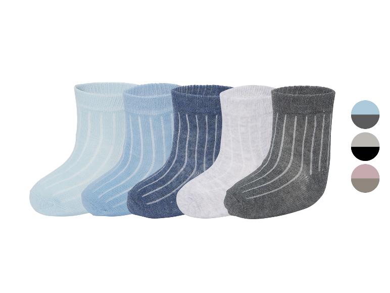 Cinq paires de chaussettes bébé rayées dans des tons de bleu, gris et blanc.