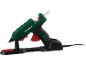 Pistolet à colle chaude vert et noir avec support et câble d'alimentation.