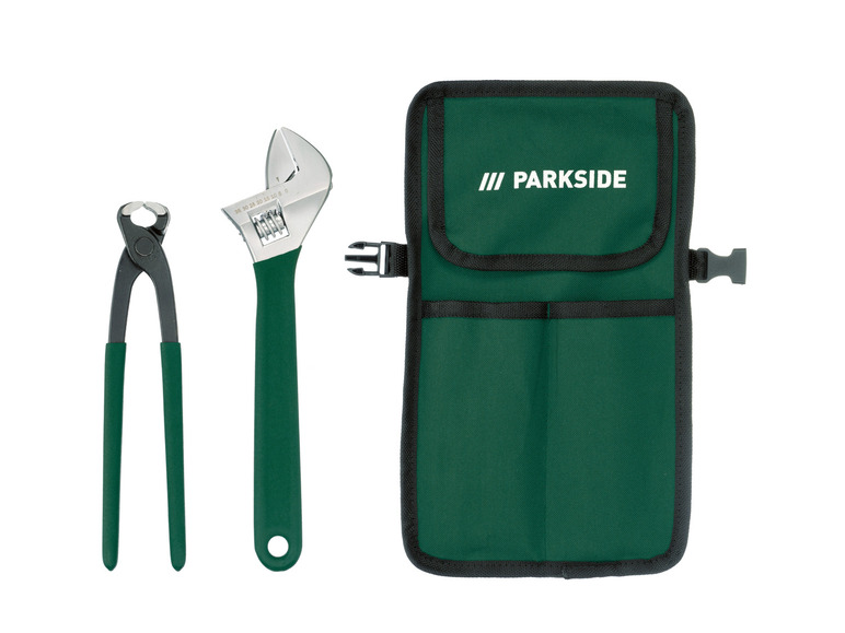 Une sacoche à outils Parkside avec une clé ajustable et une pince.