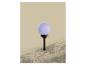 Lampe de jardin solaire avec globe violet, éclairant un parterre.