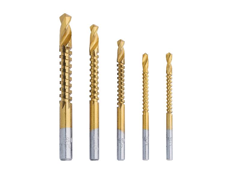 Ensemble de cinq forets dorés avec filetage.