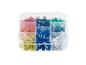 Assortiment de cosses de câble colorées dans un organisateur transparent.