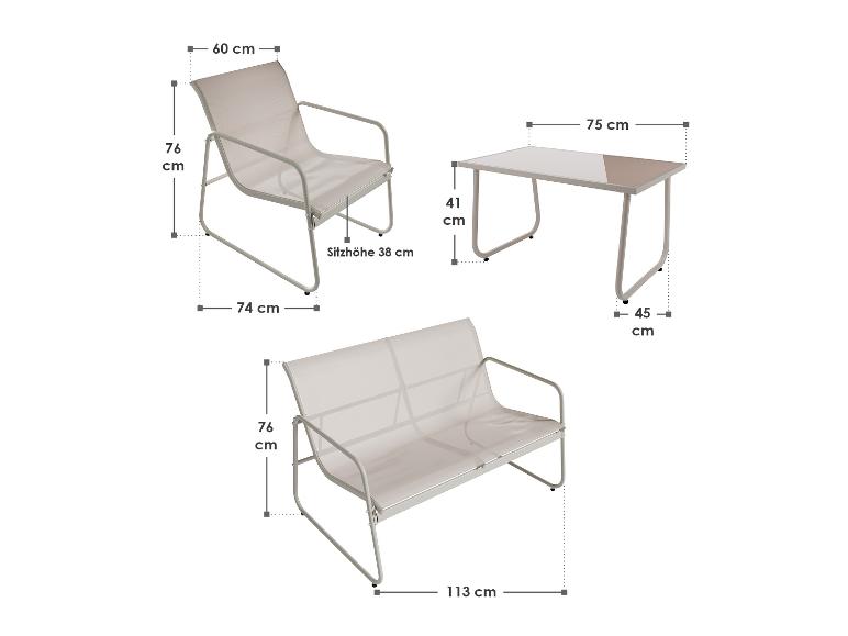 Ensemble de salon de jardin avec une chaise, un banc et une table, avec dimensions.