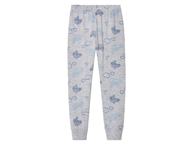 Pantalon de pyjama gris avec des voitures bleues et des nuages.