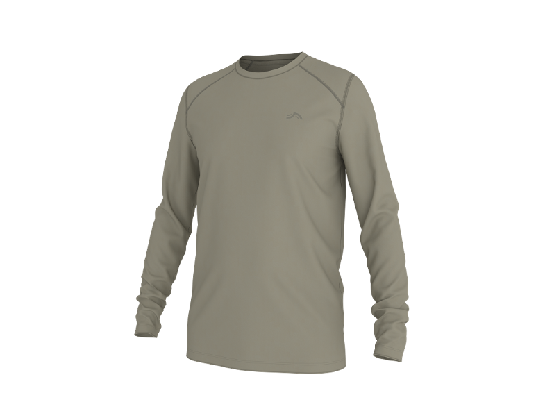 T-shirt à manches longues beige avec coutures contrastées et petit logo sur la poitrine.