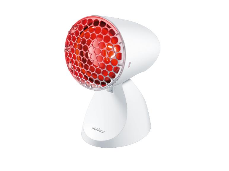 Lampe chauffante infrarouge Sanitas blanche avec grille rouge sur support.