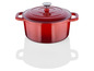 Une casserole en fonte rouge avec un couvercle.