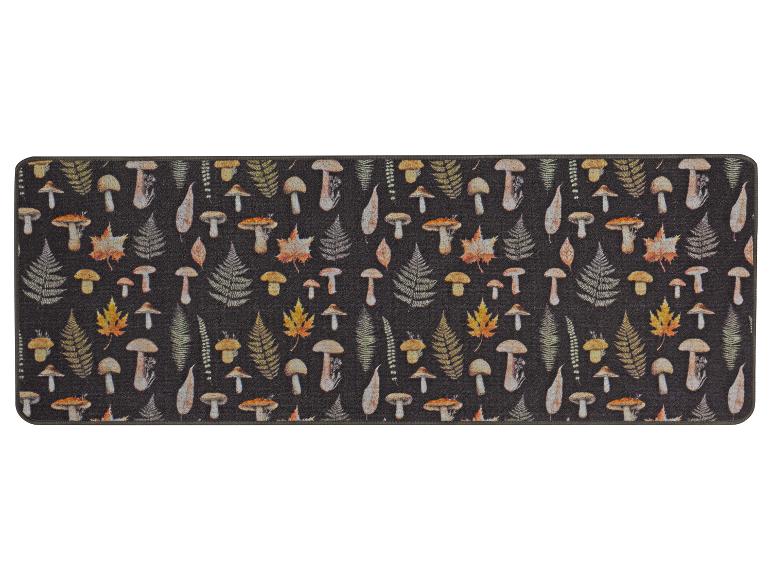 Tapis de cuisine foncé avec un motif de champignons, de fougères et de feuilles d'automne.